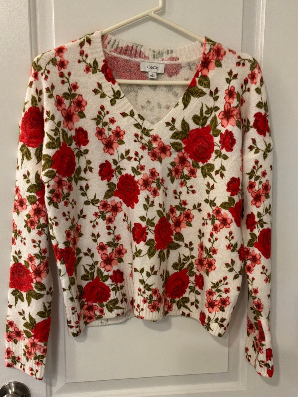 CeCe White V-Neck Sweater with Red and Pink Rose Floral Print